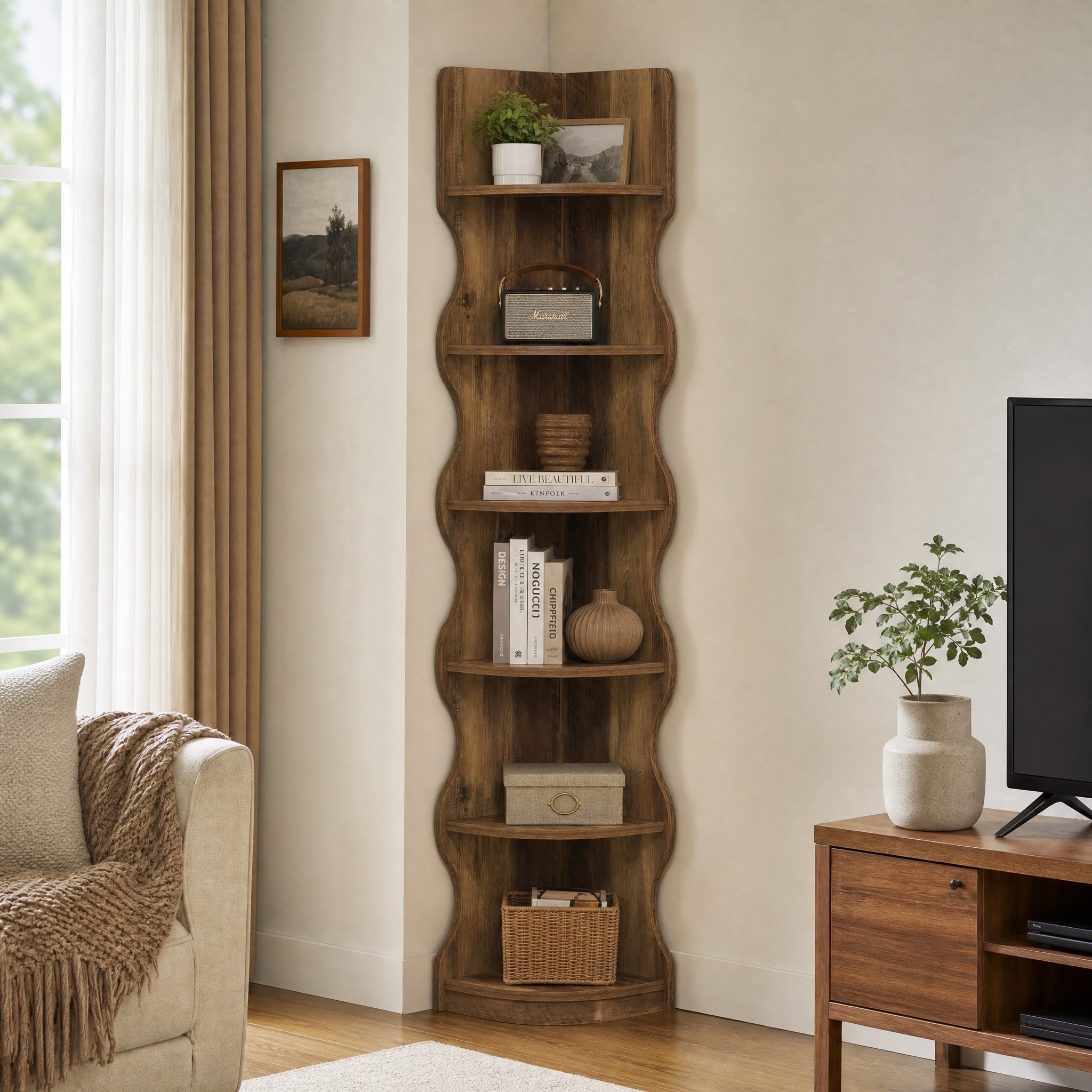 71-Inch 6-Tier Corner Shelf Bookcase – Space-Saving Storage with Anti-Tipping Design and Wood Grain