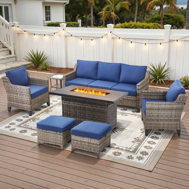 Glissia 7-Piece Gray Wicker Fire Pit Conversation Set with height-adjustable fire pit - Navy Blue Cushions - Gray Wicker