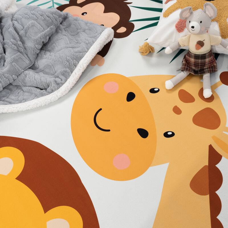Kids Rug Play-Mat with Giraffe Lion & Monkey in Beige