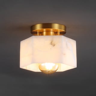 Celine 8" 1-Light Modern Contemporary Alabaster/Iron Hexagonal LED Semi Flush Mount, White Marbling/Brass Gold by JONATHAN Y
