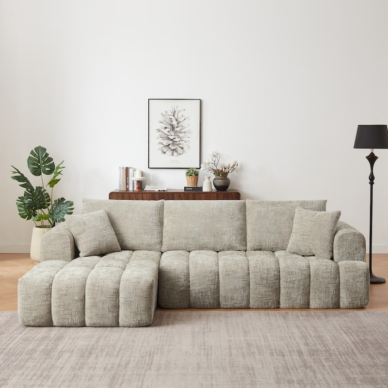 Set of 2 Chaise Lounge, Chenille L-shaped Sectional Sofa with Pillows - Khaki