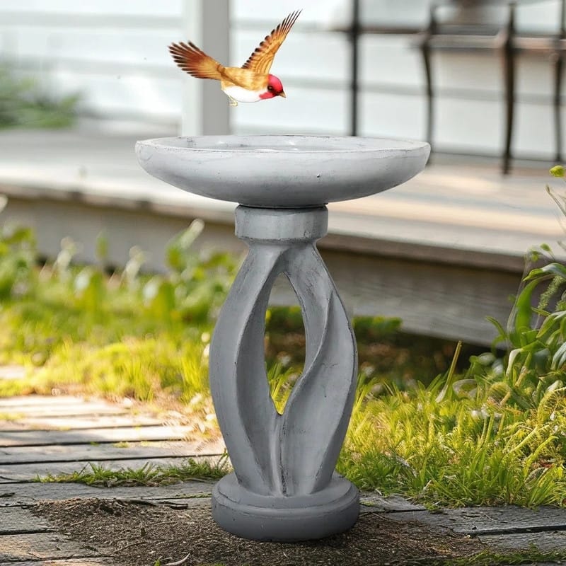 SunJet 21.8" Tall Modern Concrete Garden Bird Bath - 21.8'' H X 16'' W X 16'' D
