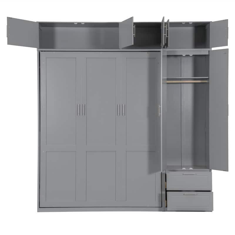 Queen Size Murphy Bed Wall Bed with Top Cabinet and Wardrobe, Space Saving Folding Murphy Cabinet Bed with 2 Drawers and Shelves
