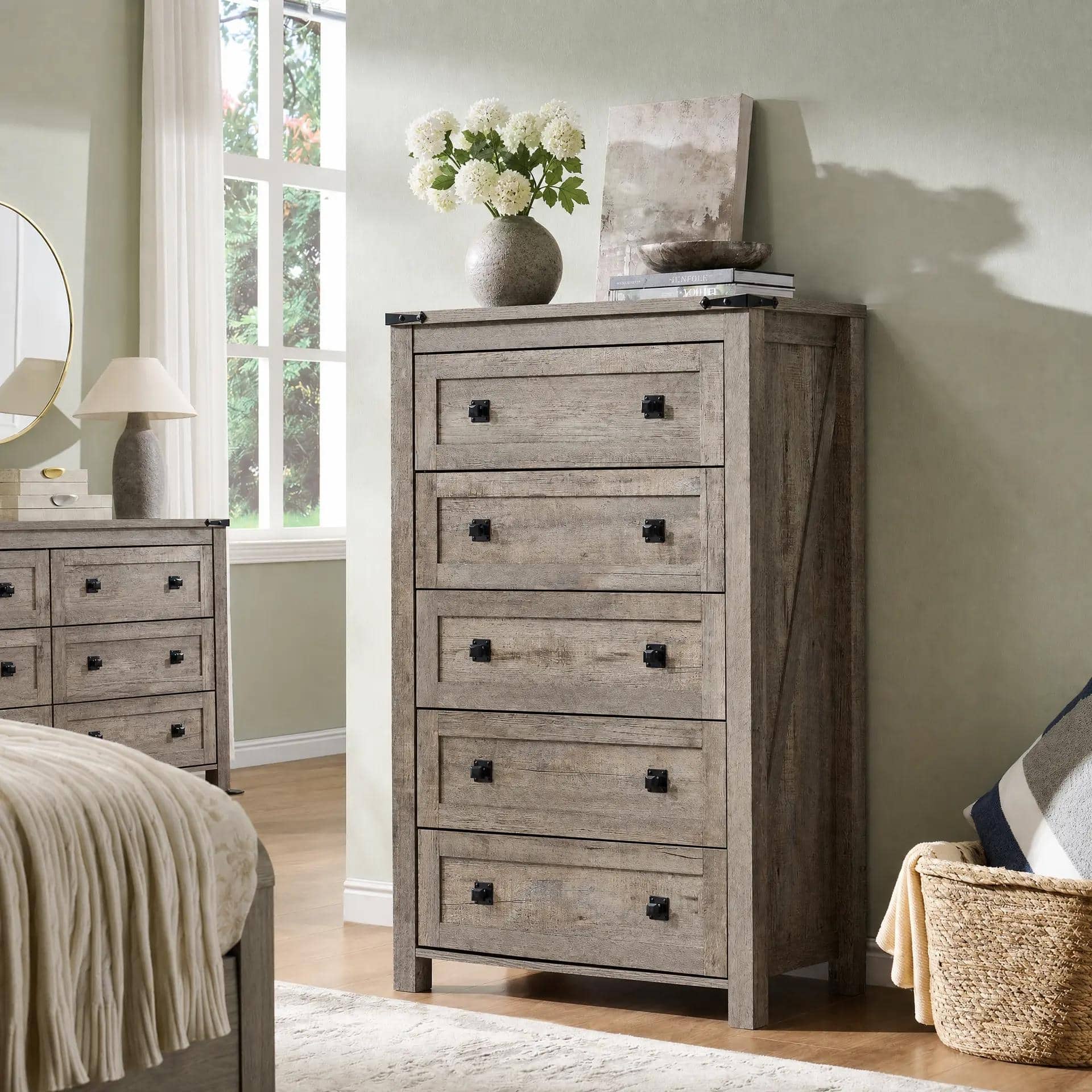 tall wood dresser Traditional Tower Chest of Drawers Rustic dried for added durability Scarlett 5-Drawer Tall Dresser, Obsidian