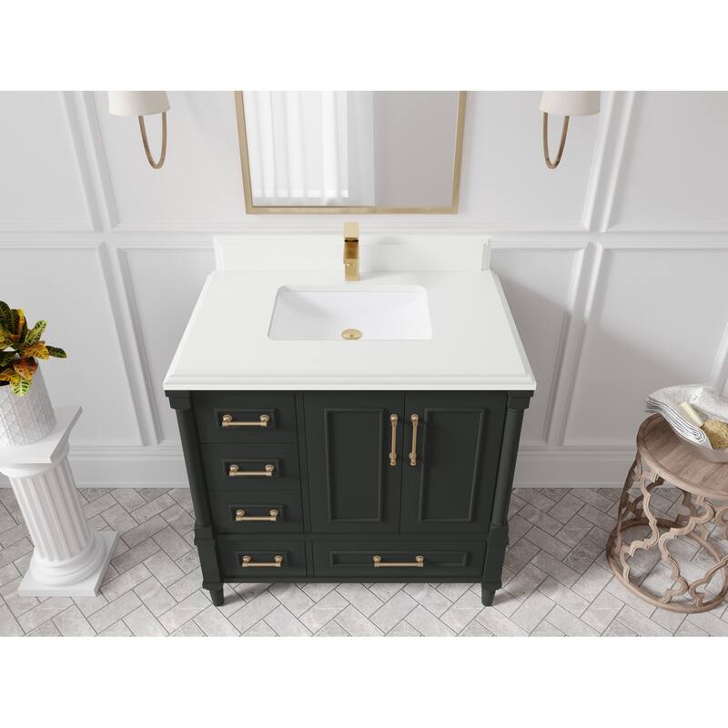 Willow Collections 36 in. W x 22 in. D Aberdeen Center Right Offset Sink Bathroom Vanity with Countertop - 1.5”White Quartz - Black top