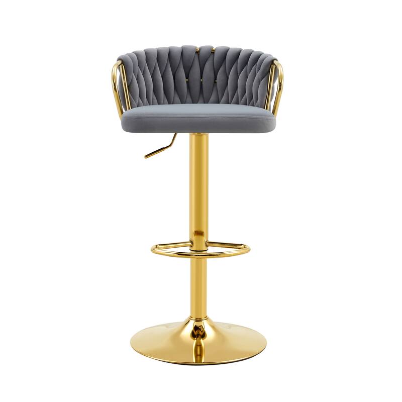 Set of 2 Modern Luxury Velvet Braided Bar Stool with Adjustable Height, Metal Base & Woven Rope Backrest