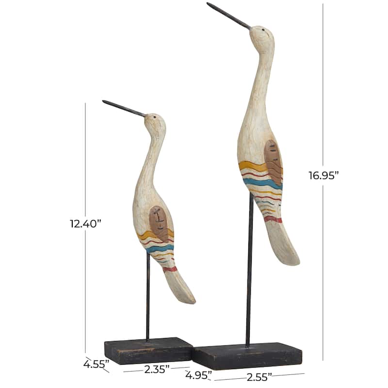 Cream Polystone Handmade Distressed Carved Bird Decorative Sculpture with Colorful Patterns and Black Stand (Set of 2)