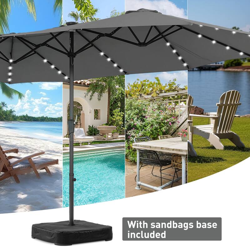 15ft Patio Umbrella Outdoor Market Umbrella with Base and LED Lights