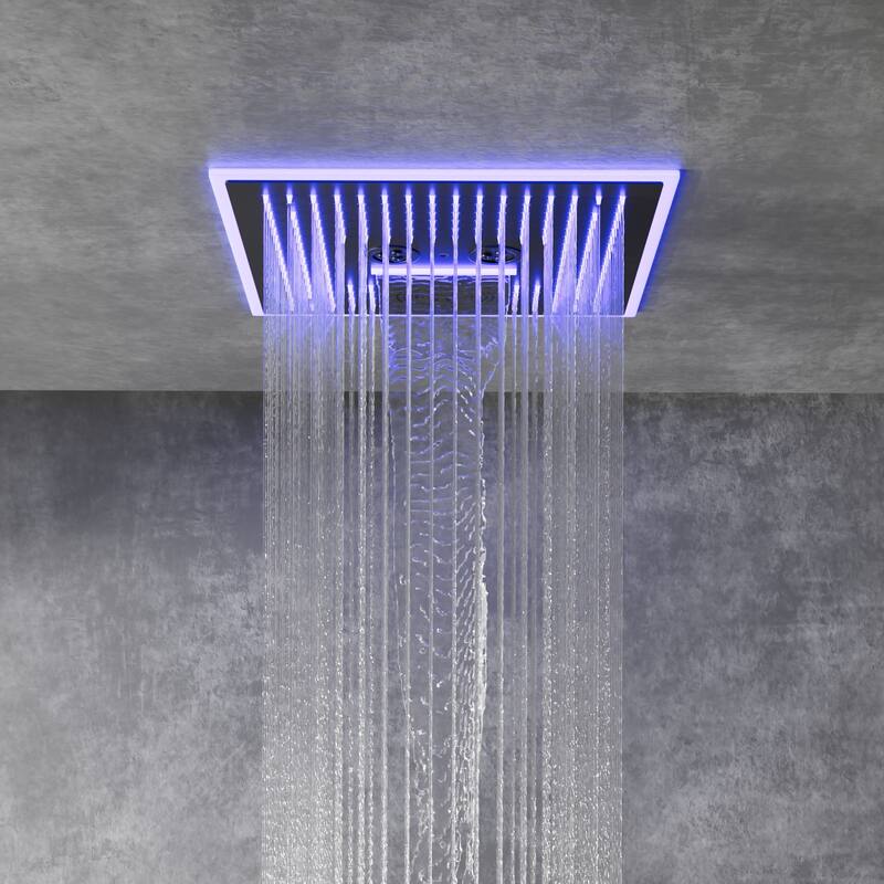 Shower Faucet System 16" Ceiling Mount Shower Head 3 Spray Modes Body Jets Handheld Spray with Slide Bar LED Music