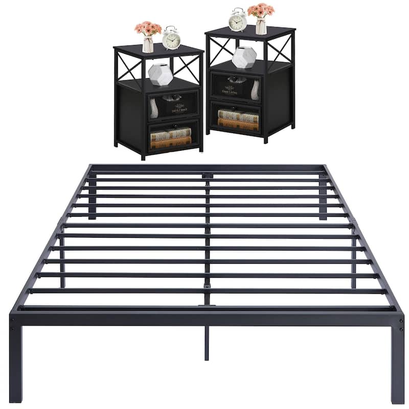 3 Piece Bedroom Set, 14.2-Inch Metal Bed Frame with Nightstand set of 2 - Black - Full