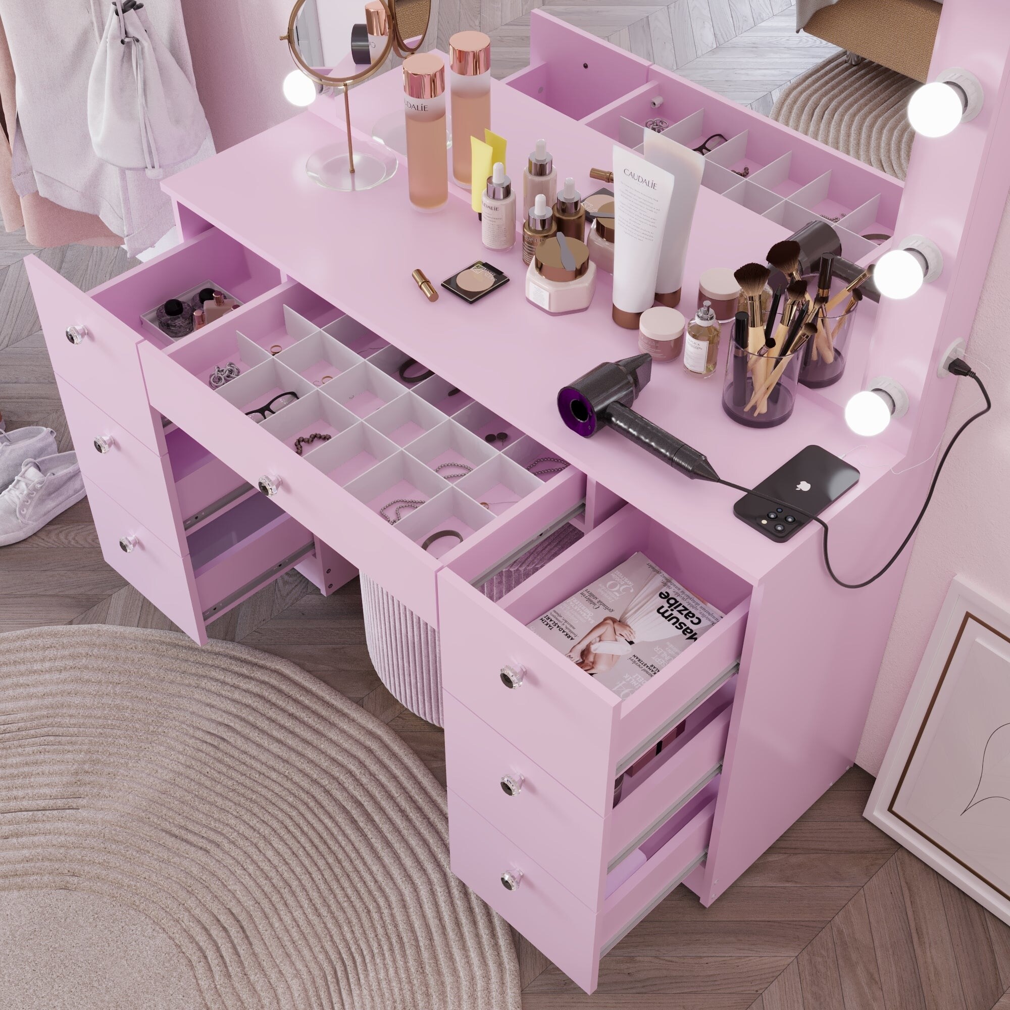Boahaus Makeup Vanity 7 Drawers Lighted Crystal Knobs USB Port