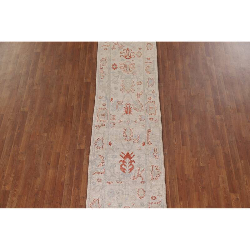Hand Knotted Oriental 100% Wool Carpet Transitional All-Over Beige & Ivories Oushak Runner Rug - 17' 7'' X 2' 6''