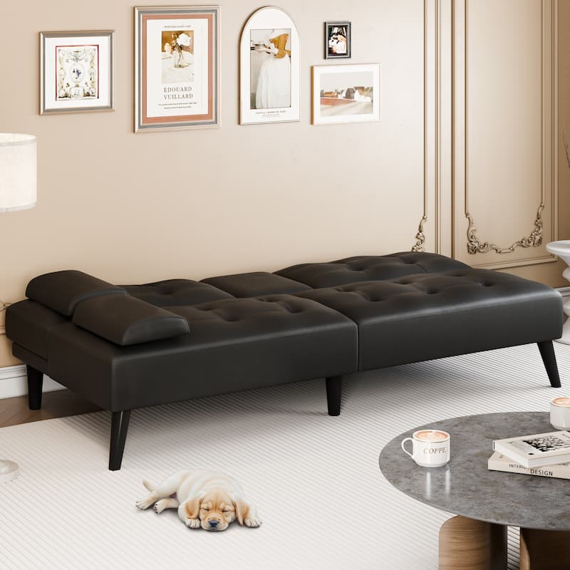 64'' Faux Leather Convertible Sofa Bed with Cup Holder