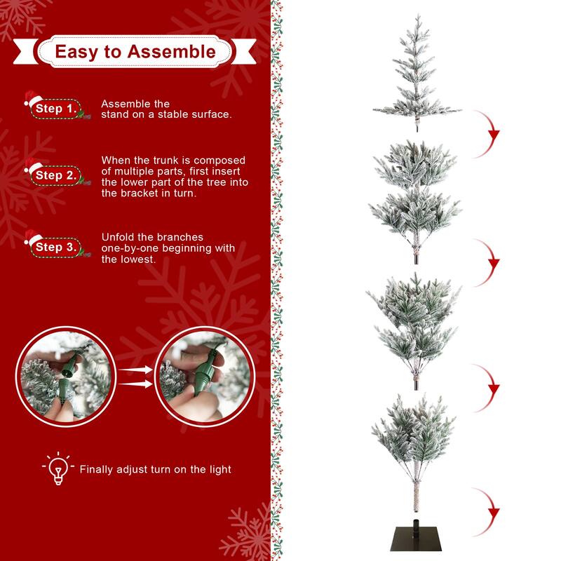 Glitzhome 6/7/9 FT Pre-Lit Flocked Slim Snowscape Fir Artificial Christmas Trees 2 or 3-Piece Set
