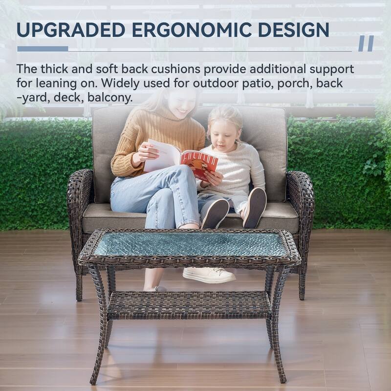 Gymojoy Outdoor Wicker Loveseat with Coffee Table and Outdoor Cushions