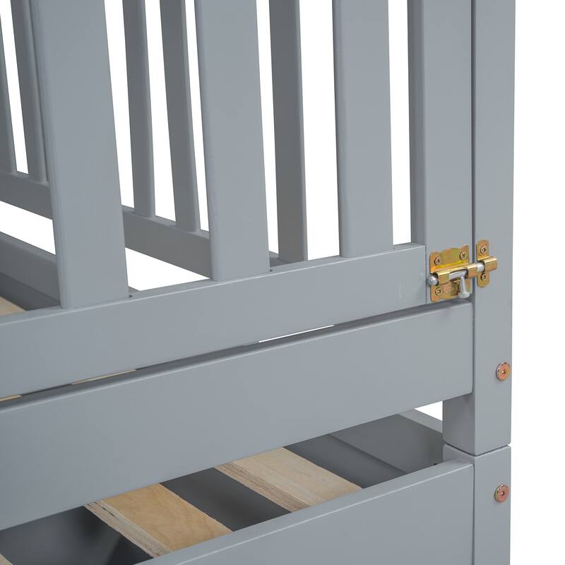 Full Size Wood Daybed with Fence Guardrails and 2 Drawers, Converts to Floor Bed or Daybed, Gray