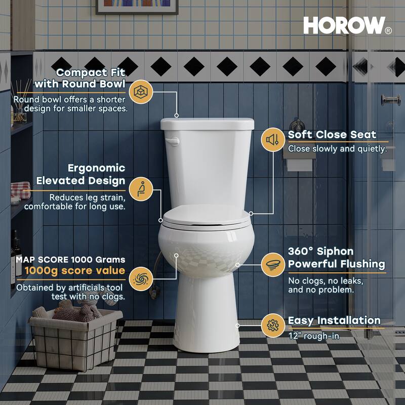 HOROW 2 Piece ADA Tall Single Flush Round Toilet White 1.28 GPF Strong Flush Soft Close Seat - 19 Inch