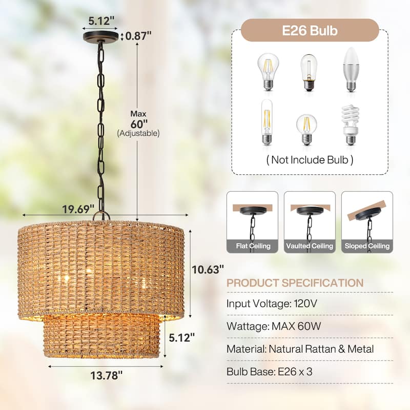 3-Light Hand-Woven Rattan Pendant Light with Adjustable Height