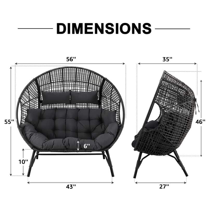 2-Person Papasan-Style Oversized Wicker Egg Lounge Chair with Cushions, Indoor/Outdoor