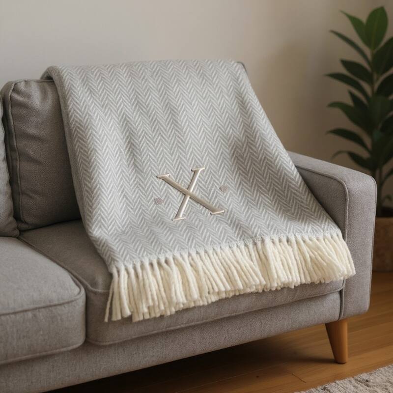 55" X 70" Gray And White Herringbone Cotton Blend A Initial Throw Blanket with Tassels And Embroidery