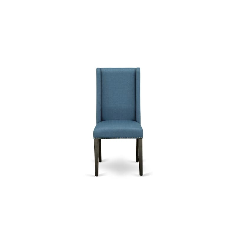 East West Furniture 3 Piece Dining Room Furniture Set- A Round Kitchen Table and 2 Linen Fabric Dining Chairs, (Finish Options)