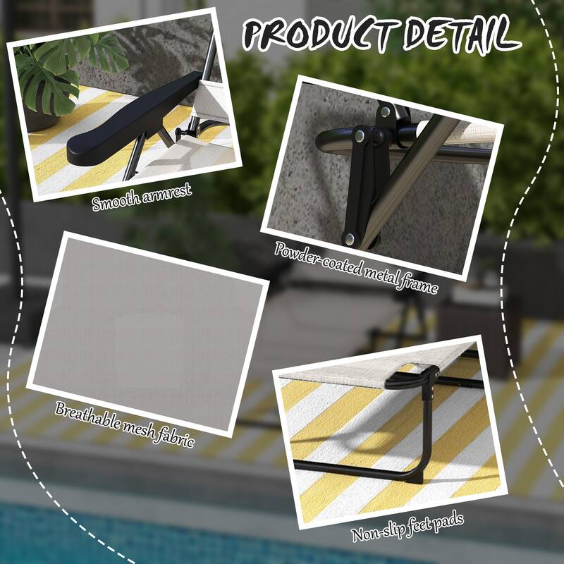 Foldable Tanning Chaise Lounge Chair Adjustable Mesh Sunbed with Headrest for Pool Beach Patio