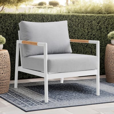 Crown White Aluminum and Teak Wood Outdoor Chair with Cushions