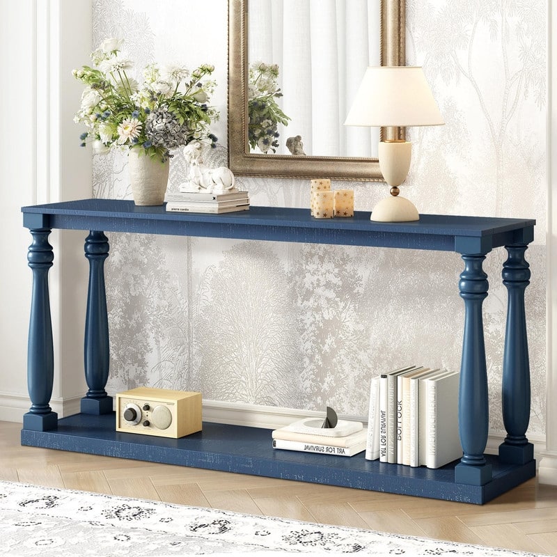 Vintage 63" Long Console Table with Bottom Shelf and Solid Wood Legs for Entryway and Hallway Decor - Navy Blue