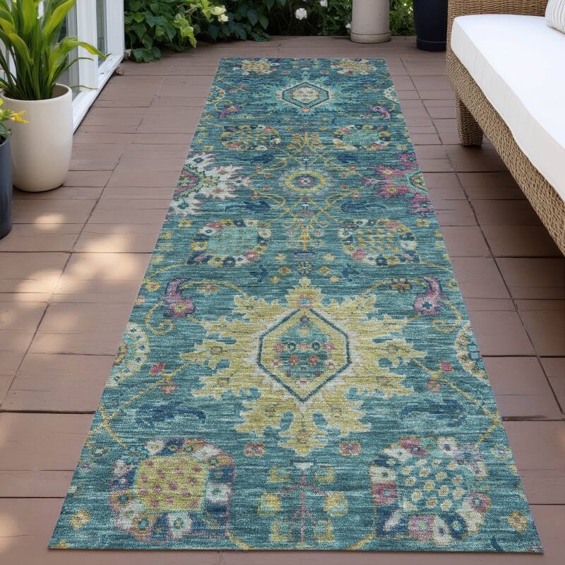 Machine Washable Indoor/Outdoor Boho Traditional Chantille Rug - Teal - 2'3" x 7'6"