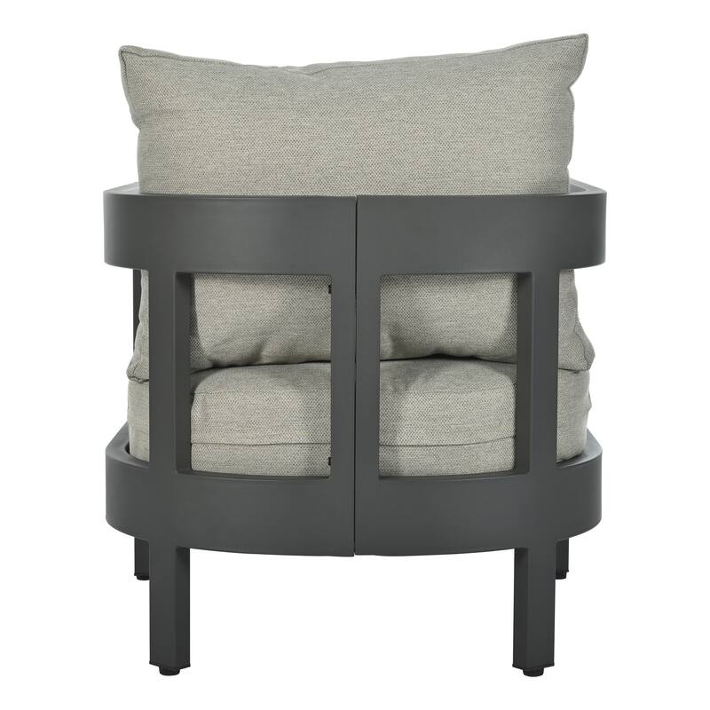Iron Outdoor Seating Set with Thick Cushion Chairs, Plastic Wood Table
