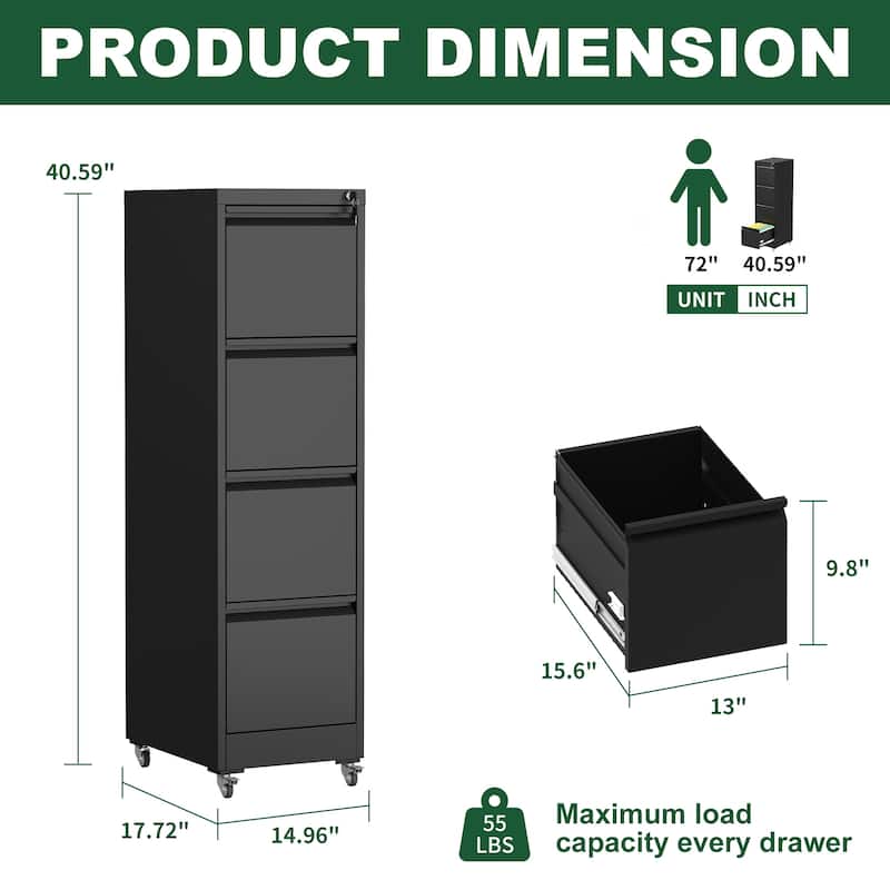 4 Drawer Metal Locking Vertical File Cabinet on Wheels - Heavy-Duty Lockable Cabinet for Home & Office