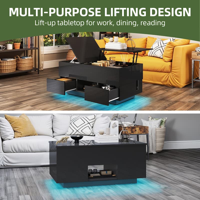Moasis Modern Glossy Lift Top Coffee Table with Drawers and Hidden Compartment