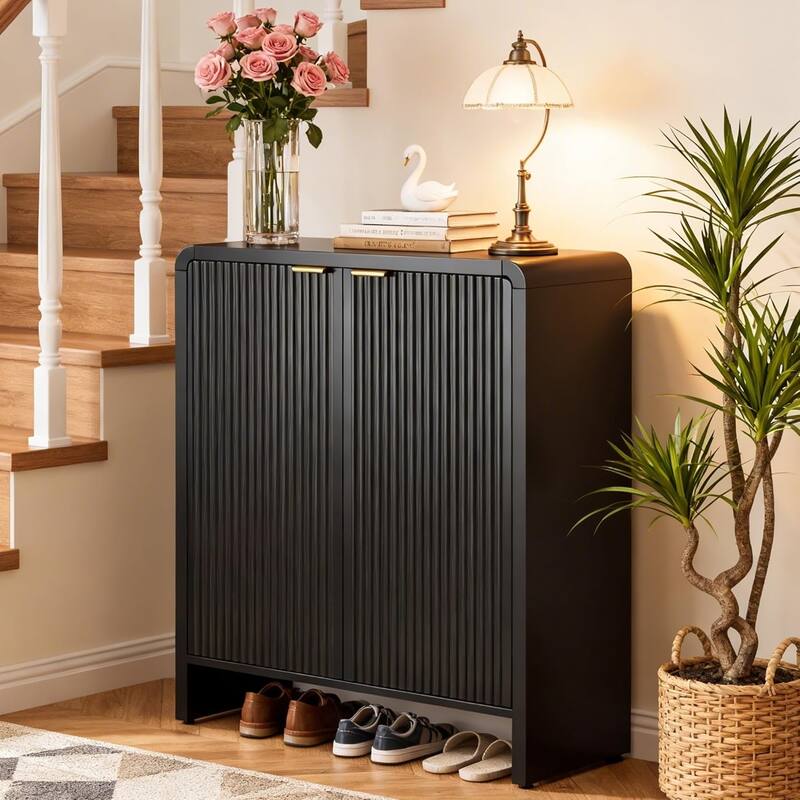 Black Shoe Cabinet, 25 Pairs Entryway Shoe Storage Cabinet with 6-Tier Shelves for Hallway
