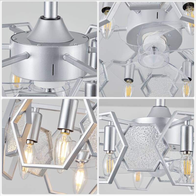 CurveCurio 20" Chandelier Ceiling Fan w Textured Glass Accent, 6 Lights Quiet DC Motor 6 Speed w Remote Control