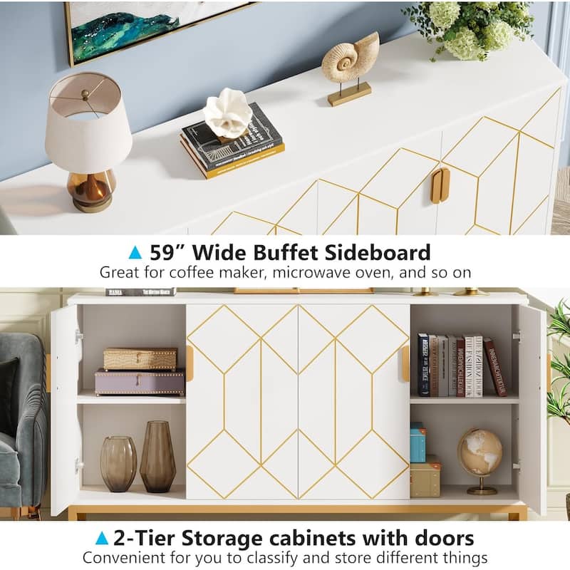 Modern White Storage Cabinet with Gold Accents and Adjustable Shelves for Living Room or Kitchen - 59.05" x 13.77" x 35.82"