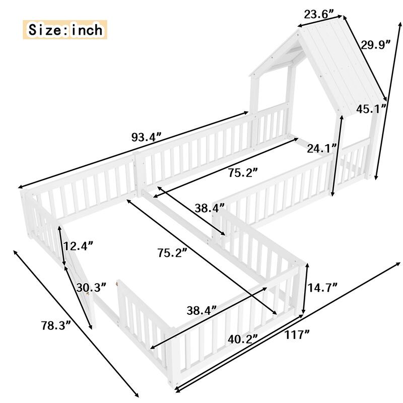 Montessori Floor Bed for Toddler Kids, L Shape House Bed with Door and Guardrails, Double Bed Frame Design for Sleeping and Play