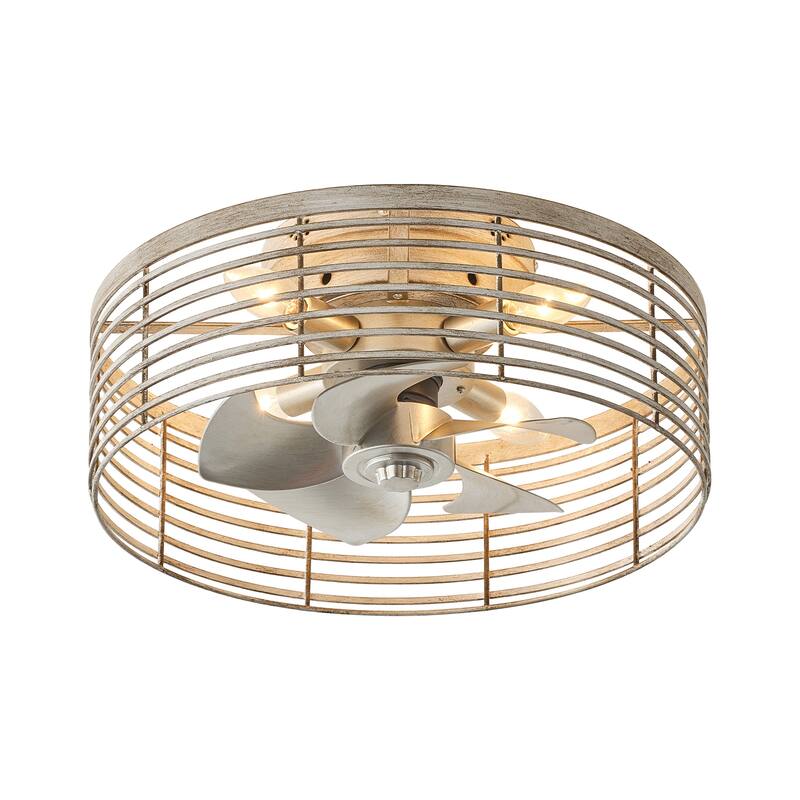 18" Antique White Caged 4-Light Low-Profile Flush Mount Ceiling Fan with Remote