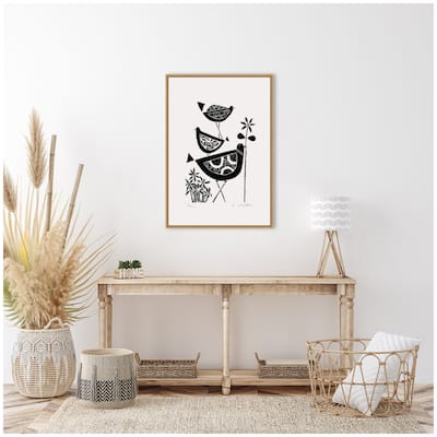 Kate and Laurel Sylvie Folk Bird Family Trio Linocut Framed Canvas by Giuliana Lazzerini