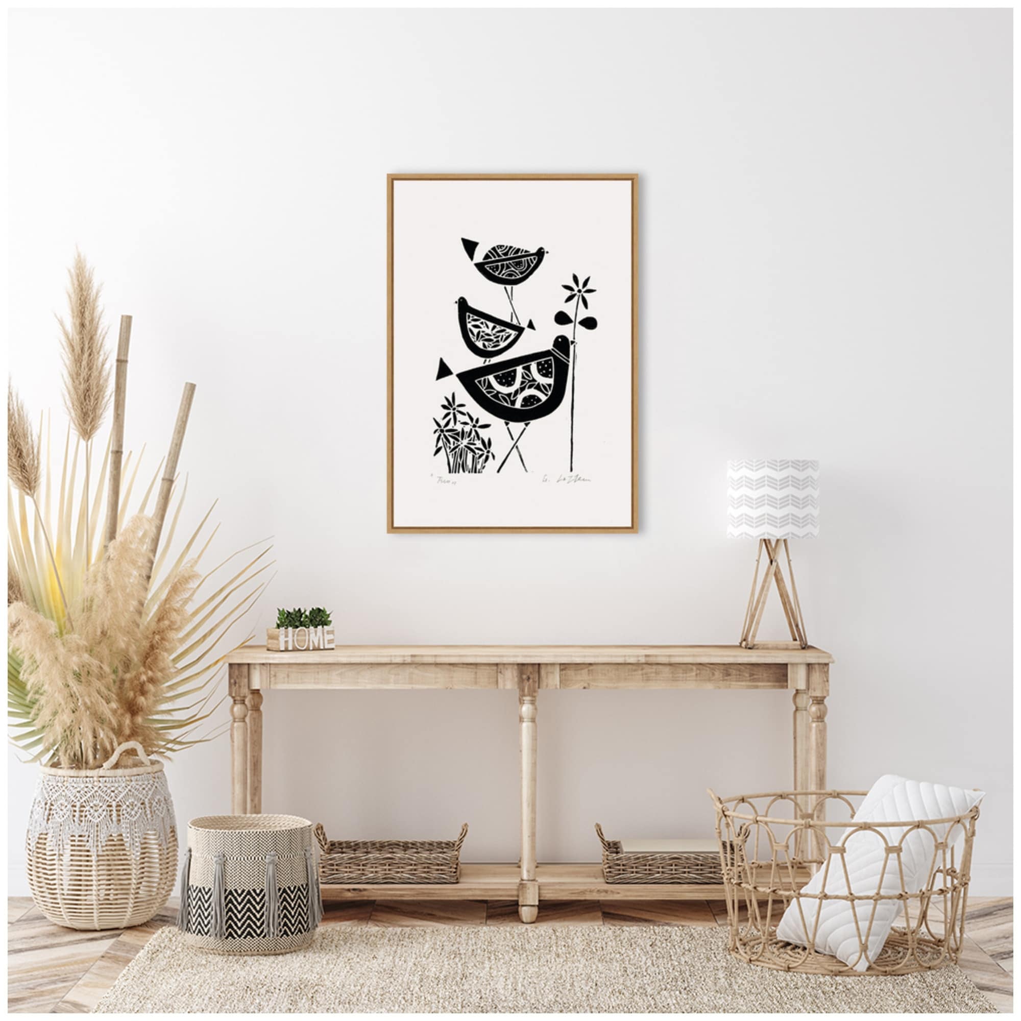 Kate and Laurel Sylvie Folk Bird Family Trio Linocut Framed Canvas by Giuliana Lazzerini
