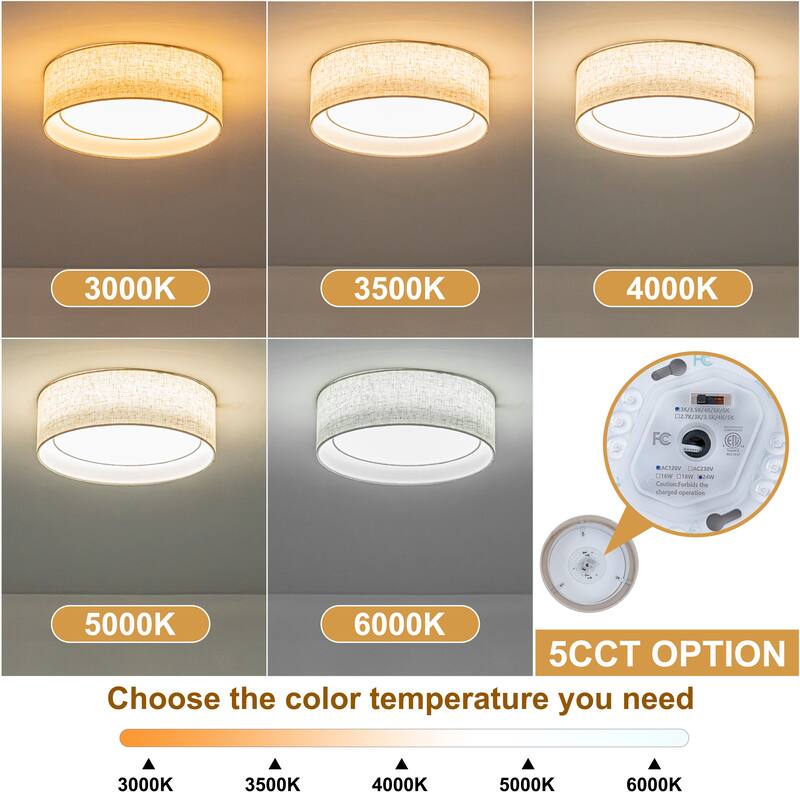 Starsky Modern Linen Drum Flush Mount Ceiling Light with 5-CCT Selectable LED (3000-6000K)