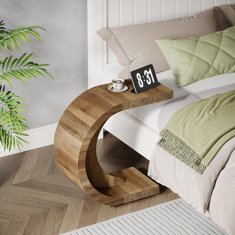 C-Shaped End Table, Wood Side Table for Couch Sofa Living Room
