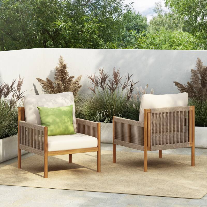 Set of 2 Outdoor Solid Wood Wicker Club Chair with Cushion, Patio Furniture Conversation Seat for Backyard Modern Woven Armchair - Teak