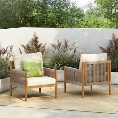 Set of 2 Outdoor Solid Wood Wicker Club Chair with Cushion, Patio Furniture Conversation Seat for Backyard Modern Woven Armchair