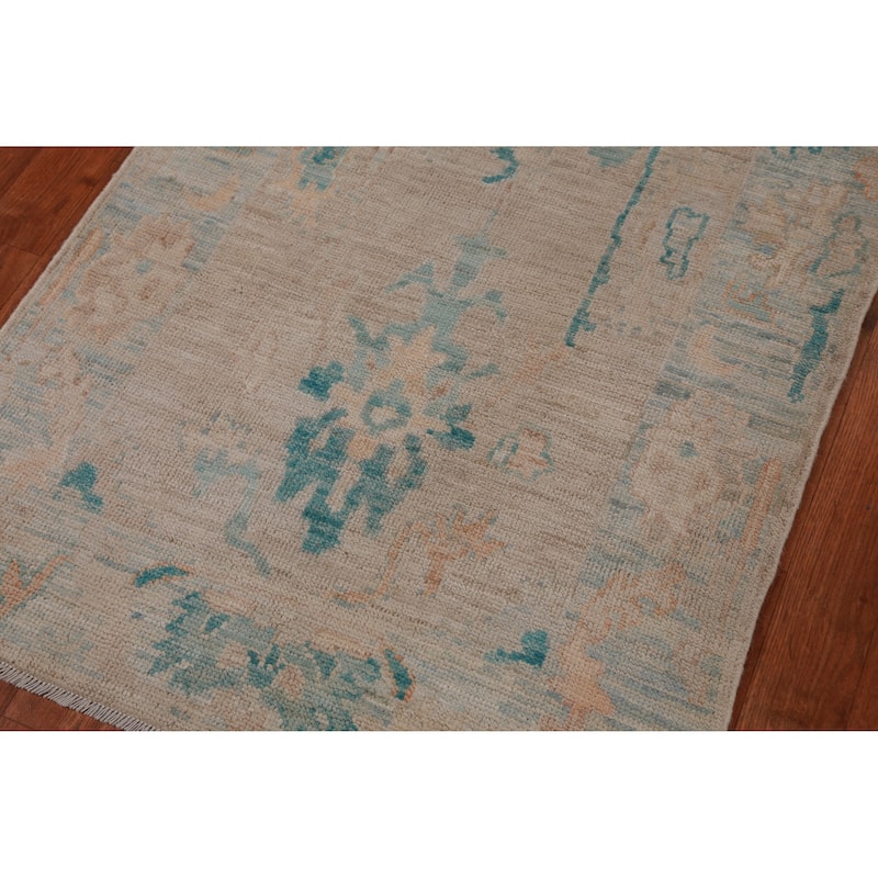 Hand Knotted Oriental 100% Wool Carpet Transitional Floral Beige & Ivories Oushak Runner Rug - 9' 10'' X 2' 8''
