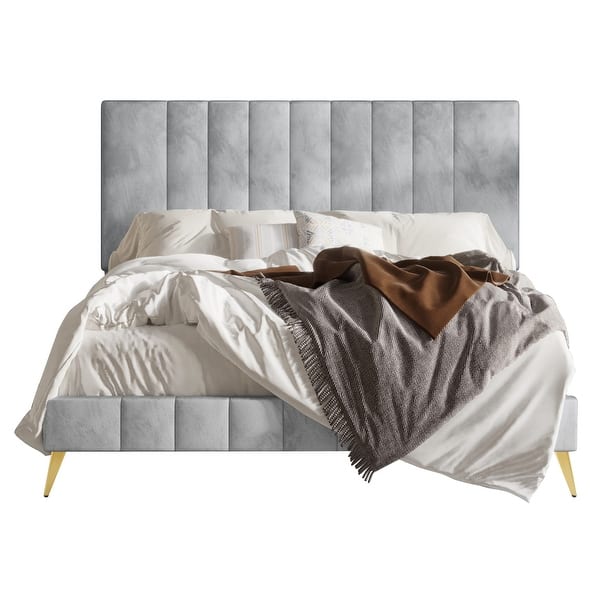 slide 2 of 20, CraftPorch Modern Velvet Tufted Upholstered Gold Accent Platform Bed Silver Grey - Full