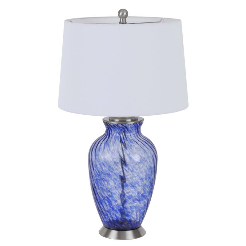 Blue Hand-Blown Glass Table Lamp with Black Metal Base and White Linen Shade - 16” x 16” x 28” (D x W x H)