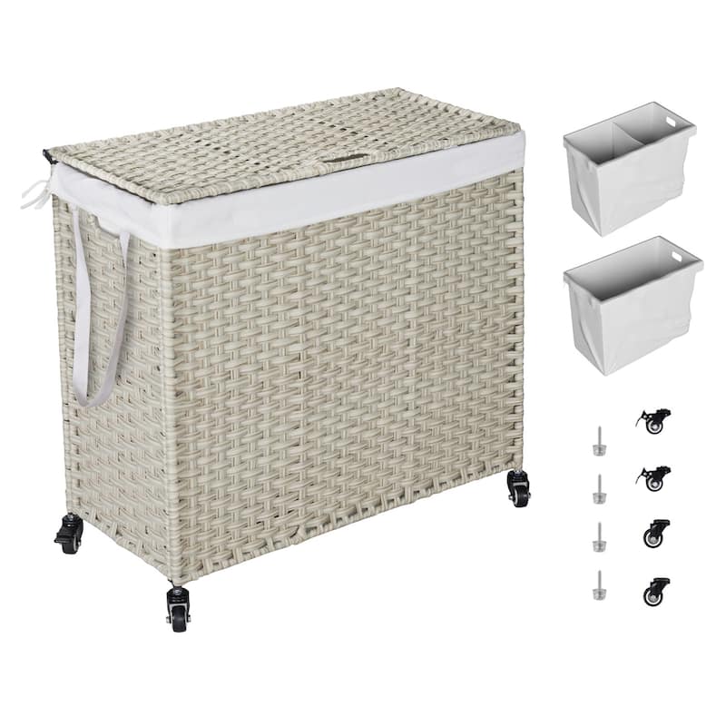 PE Rattan Laundry Hamper With Lid, Portable 160L Clothes Hampers with Wheels and 2 Removable Bags - Grey