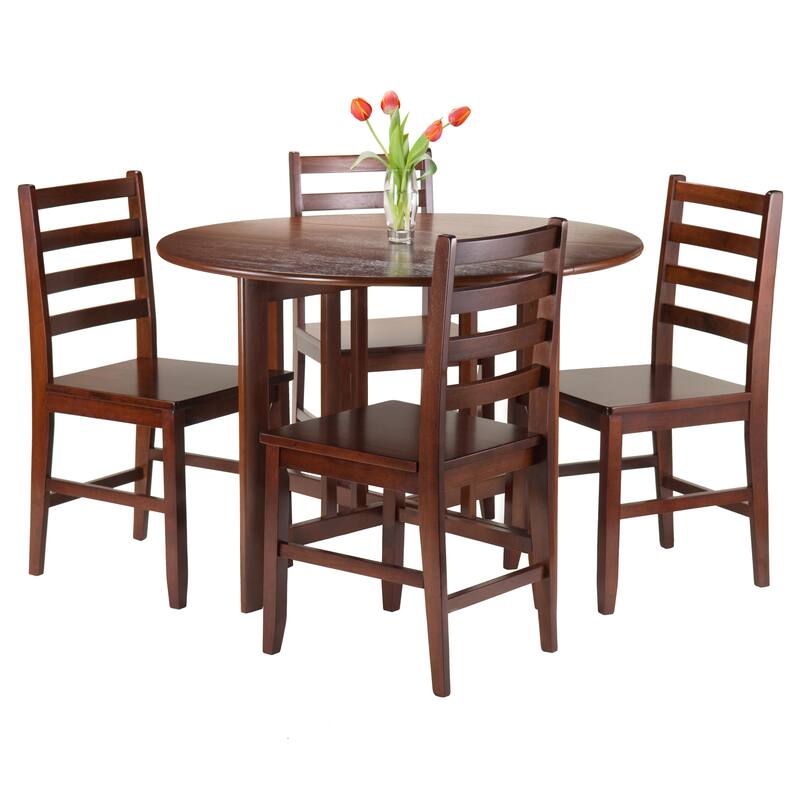 5 Warm Antique Walnut Round Drop Leaf Table Ladder Back Chairs 29.5"