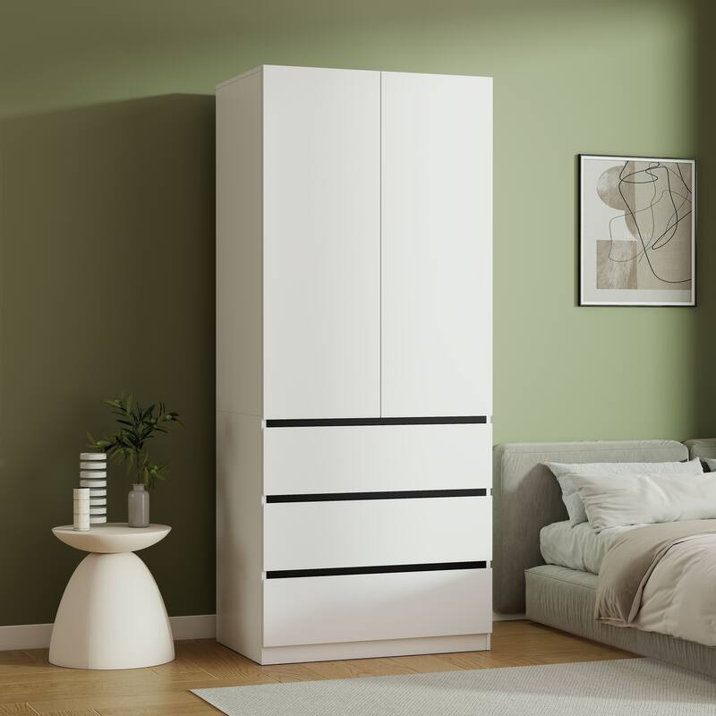 75" Armoire Wardrobe Closet with 3 Drawers, Clothes Organizer Closet with Storage Shelves