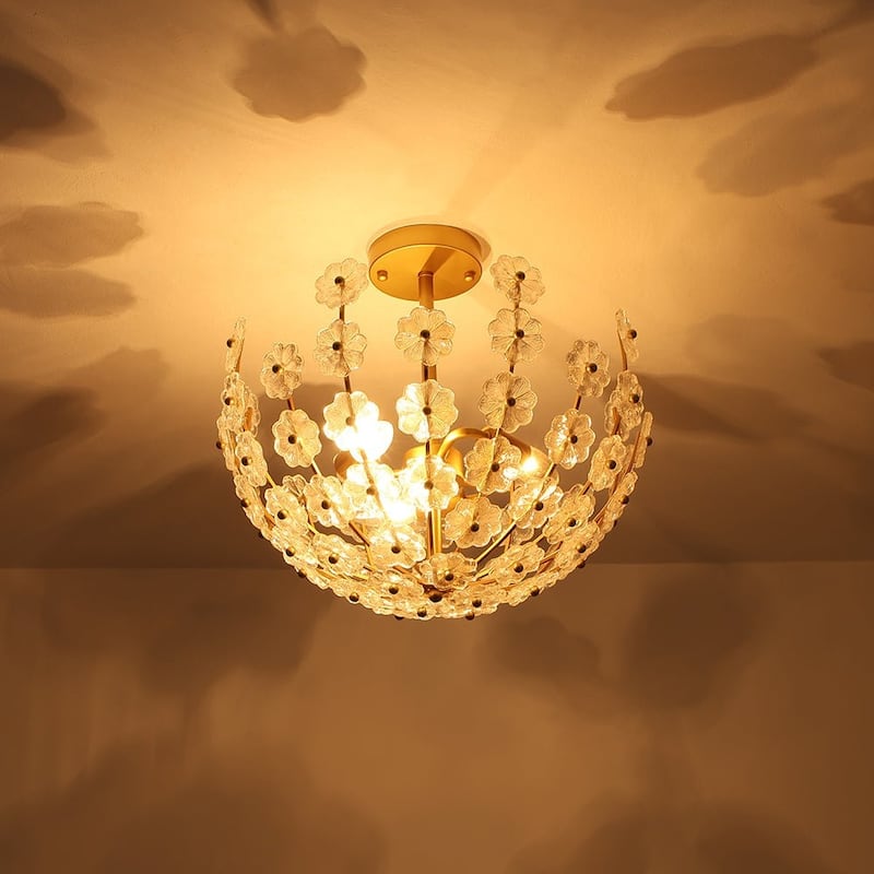 Mid-Century Modern 6-Light Glass Blossom Round Cage Chandelier